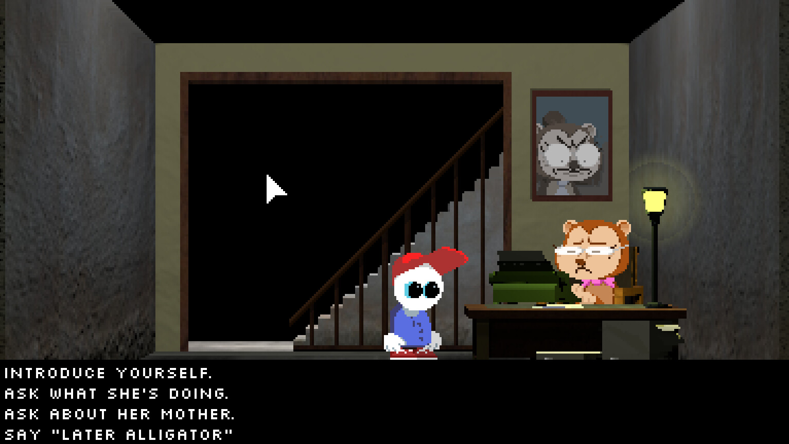 Official Endacopia Steam screenshot showing Mellow in an interior conversation scene with stairs